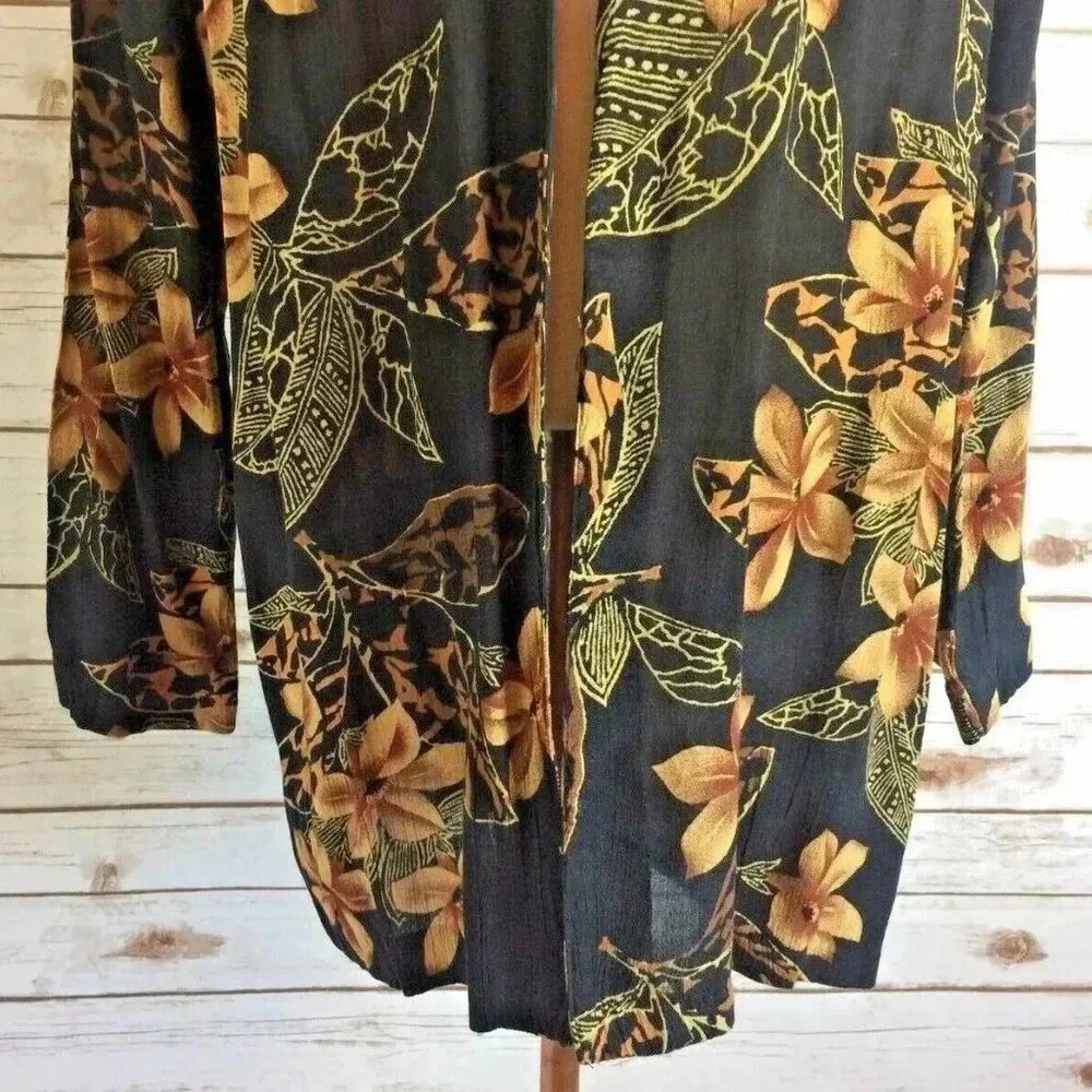 SEQUEL Women Long Sleeve Floral Black & Brown Collarless Cardigan Blouse Size 6 - Picture 7 of 10